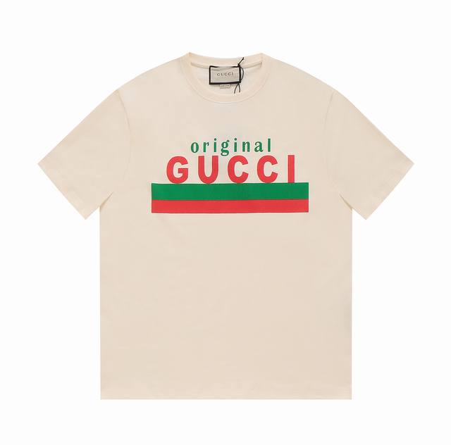 高品质gucci 古驰 以 Original Gucci 格言和品牌独特的绿色和红色为特色的印花短袖,官方原版,定制32支双纱纯棉面料 克重 G 采用进口机器印